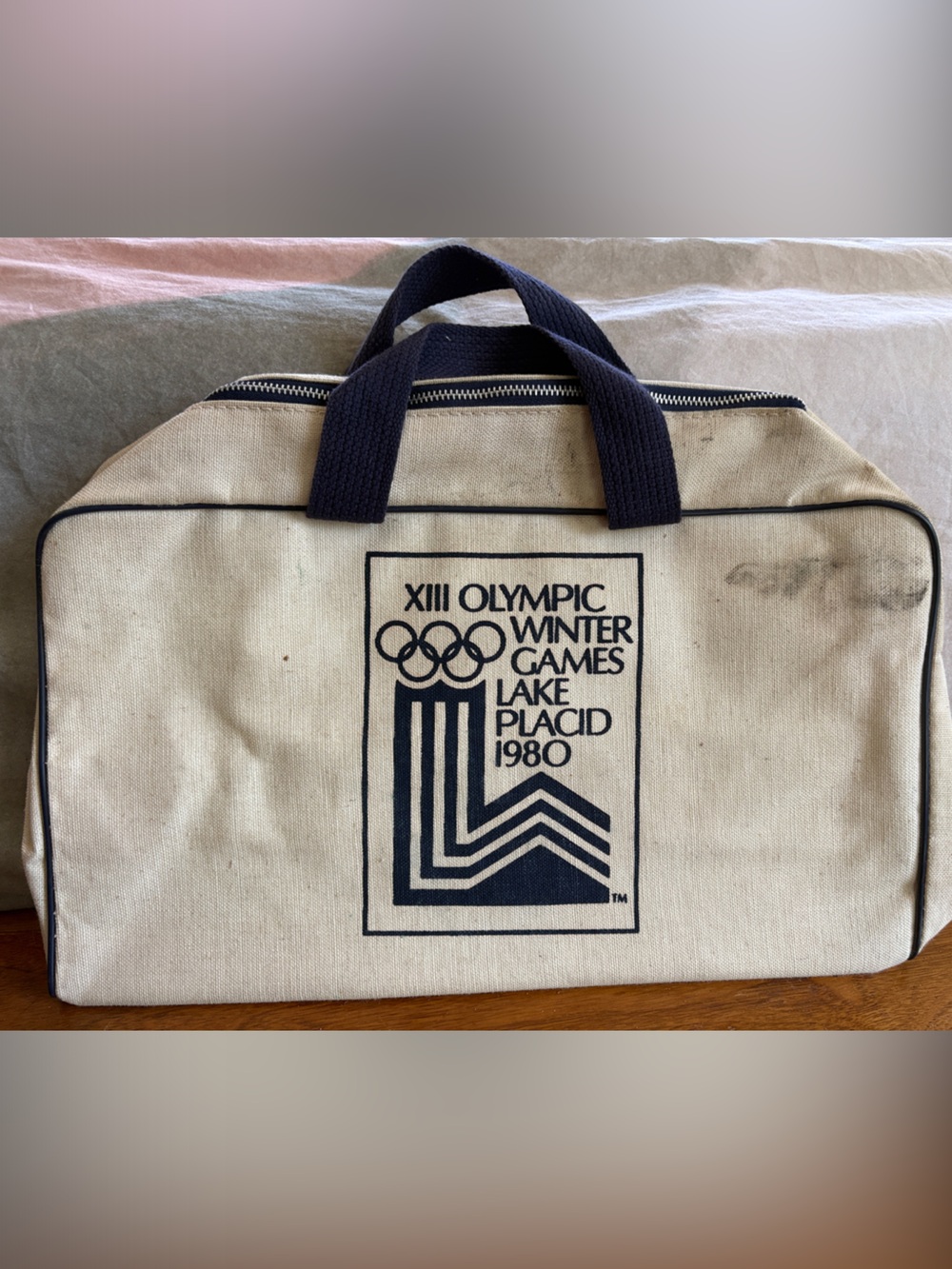 Vintage Beige Canvas Tote Bag with Navy Print - Olympic Lake Placid 1980